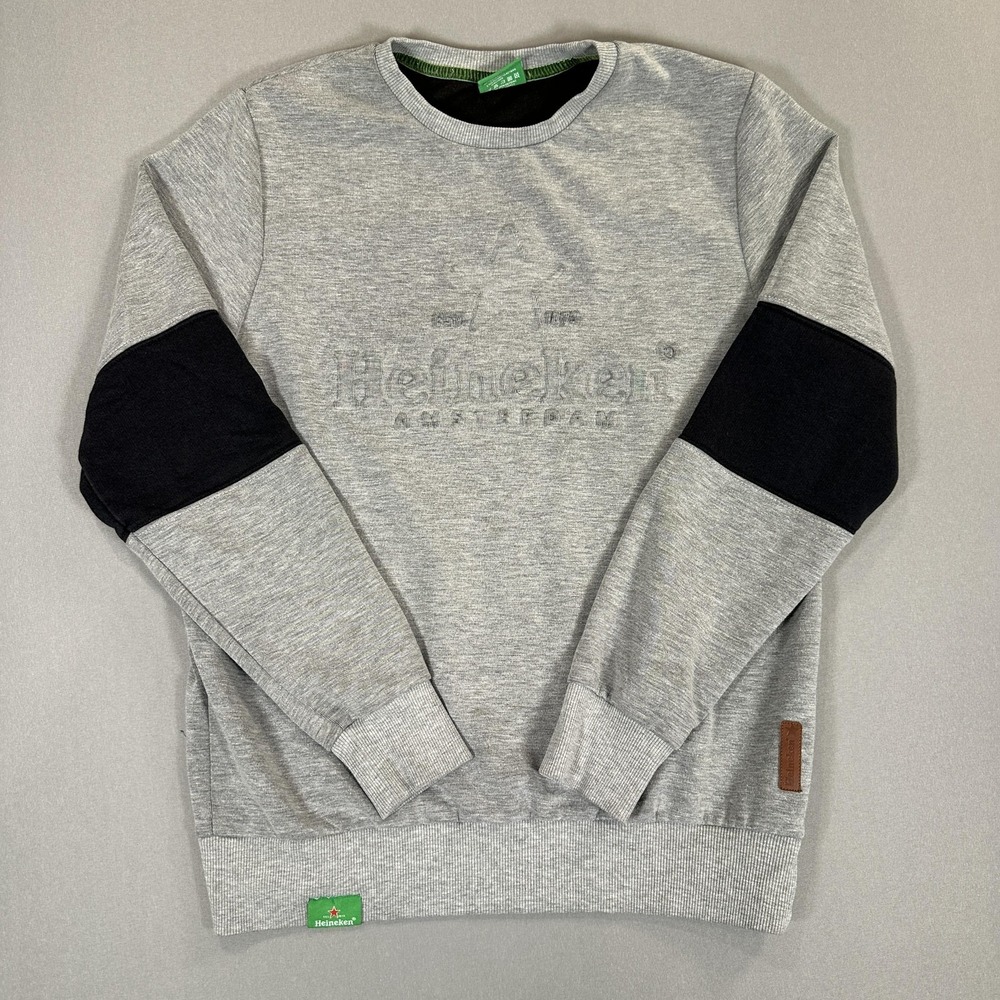 Heineken Sweatshirt Mens Medium Gray Pullover Crewneck Beer Logo Elbow Patch